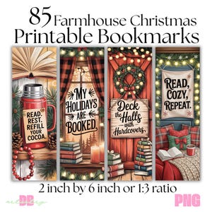 May include: A set of four Christmas-themed printable bookmarks. Each bookmark features a cozy winter scene with text like "Read, Rest, Refill Your Cocoa" and "Read, Cozy, Repeat." The bookmarks are 2 inches by 6 inches.