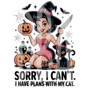 Désolé, je ne peux pas avoir de projets avec mon chat PNG, conception drôle d'Halloween, clipart sorcière chat noir, sublimation automne fantasmagorique mignon, maman chat citrouille
