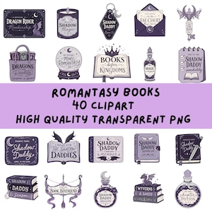 Może przedstawiać: Kolekcja fioletowo-białych ilustracji cyfrowych z motywami fantasy, w tym książkami, miksturami, smokami i tekstami takimi jak Dragon Rider Membership, Shadow Daddy i Fae Court, dostępna jako zestaw 40 wysokiej jakości przezroczystych plików PNG.