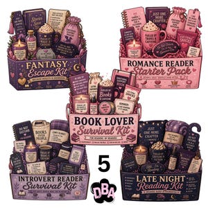 May include: Five themed gift baskets with reading-related items. The baskets are labeled: Fantasy Escape Kit, Romance Reader Starter Pack, Book Lover Survival Kit, Introvert Reader Survival Kit, and Late Night Reading Kit. Each basket contains books, candles, and snacks.