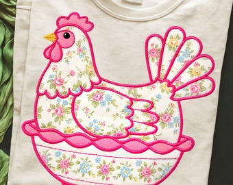 Hen On a Nest Floral Faux Embroidery PNG | Applique Chicken Design | Cottage Farmhouse Art