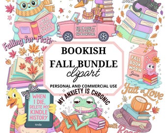 Bookish Fall Clipart PNG Bundle | Autumn Bookish Cozy Stickers |  Retro  Reading Club