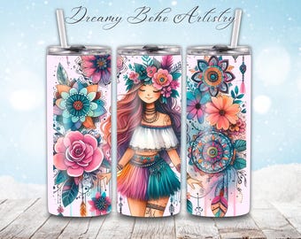 Floral Boho Girl Tumbler Wrap Png | 20 oz Skinny Sublimation | Bohemian Feminine Design