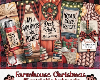Puede incluir: Una colección de cinco marcapáginas verticales con temas navideños que incluyen un termo rojo con texto, una ventana con el texto My Holidays Are Booked, una puerta con una corona, una habitación acogedora con texto y un libro con un lazo a cuadros.