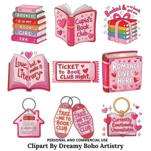 Op de afbeelding: Een verzameling roze en rode illustraties met boeken als thema, met harten en tekst. Bevat stapels boeken, open boeken, een ticket en sleutelhangers. Tekst bevat "Book Club", "Romance Lives Here" en "Home is where the Books are."