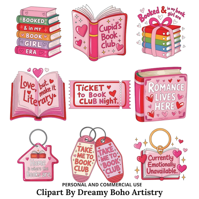 Op de afbeelding: Een verzameling roze en rode illustraties met boeken als thema, met harten en tekst. Bevat stapels boeken, open boeken, een ticket en sleutelhangers. Tekst bevat "Book Club", "Romance Lives Here" en "Home is where the Books are."
