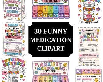 Pacote com 30 imagens PNG engraçadas de medicamentos | Clipart de saúde mental | Desenhos de frascos de remédio | Gráficos sobre ansiedade e TDAH