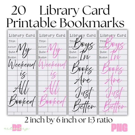 20 Retro Library Card Bookmark PNG Bundle | Bookish Quote Printable Bookmarks | Instant Download
