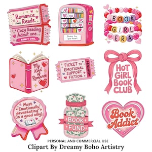 Op de afbeelding: Een verzameling roze en rode illustraties met een boeken thema. Bevat tickets met de tekst "Romance Reads" en "Ticket to Emotional Support Fiction". Andere afbeeldingen zijn een automaat, een armband, een boek en een pot met geld.