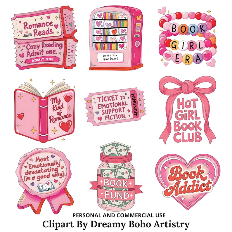 Op de afbeelding: Een verzameling roze en rode illustraties met een boeken thema. Bevat tickets met de tekst "Romance Reads" en "Ticket to Emotional Support Fiction". Andere afbeeldingen zijn een automaat, een armband, een boek en een pot met geld.