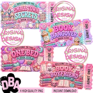 May include: A collection of four digital PNG files with a pink and teal color scheme. Each design features the words "Book Club" and a unique theme, such as "Small Town Secrets" and "Book Boyfriend." The designs include decorative elements like books, hearts, and ghosts.