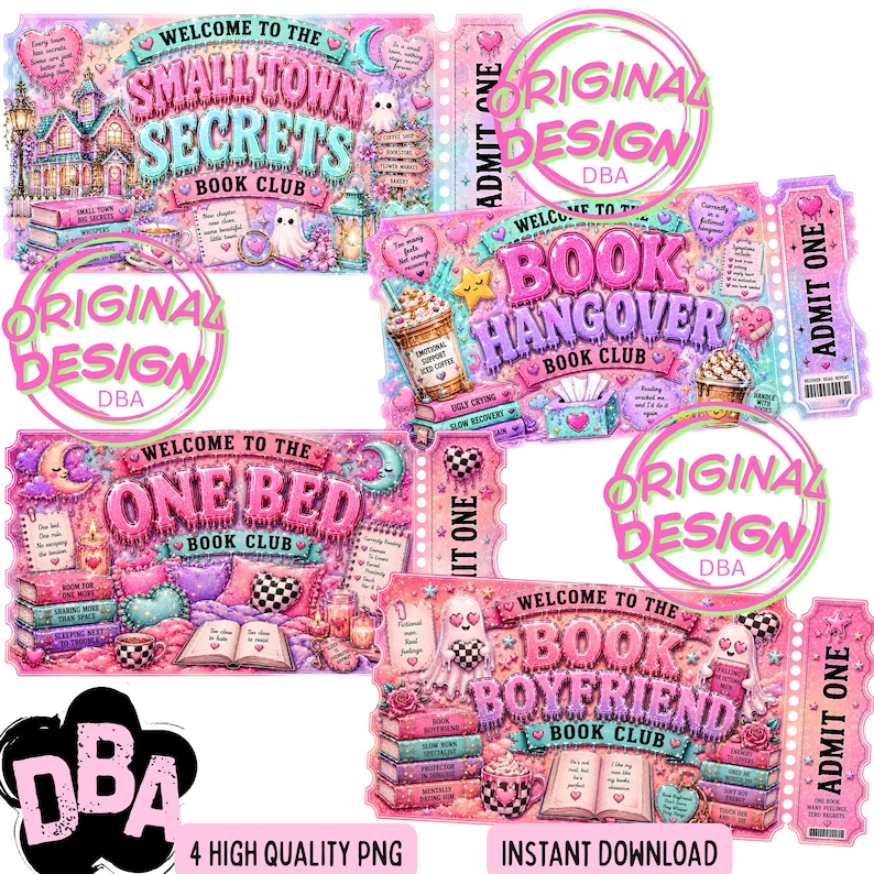 May include: A collection of four digital PNG files with a pink and teal color scheme. Each design features the words "Book Club" and a unique theme, such as "Small Town Secrets" and "Book Boyfriend." The designs include decorative elements like books, hearts, and ghosts.