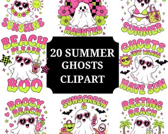 Puede incluir: Una colección de 20 diseños de clipart de fantasmas de verano con fantasmas blancos que usan gafas de sol en forma de corazón. Los gráficos incluyen textos como Spooky Little Sunshine, Cute But Haunted, Spooky Girl Summer, Beach Please Boo, Ghosts Just Wanna Have Sun, Boozy Beach Babe, Sunscreen & Screams y Resting Beach Face.
