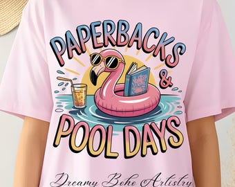 Paperbacks & Pool Days PNG | Summer Book Lover Flamingo Design | Reading Girl Summer | Digital Download