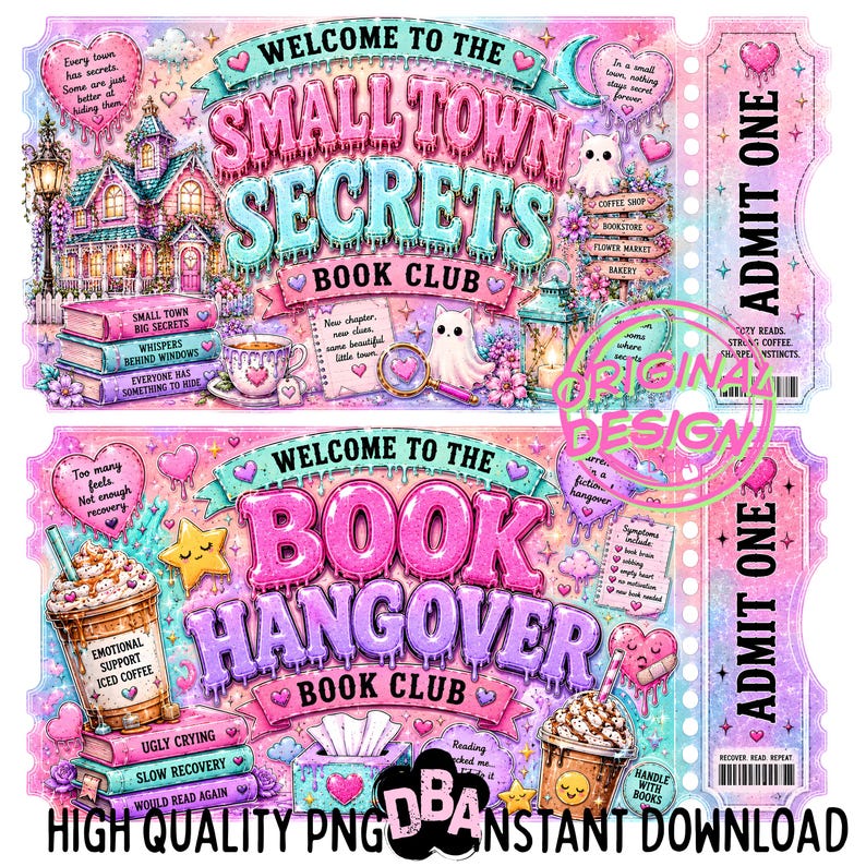 May include: A whimsical digital design featuring two ticket-style graphics for book clubs. The top ticket reads "Welcome to the Small Town Secrets Book Club," while the bottom one says "Welcome to the Book Hangover Book Club." Both feature pastel colors, illustrations, and text.