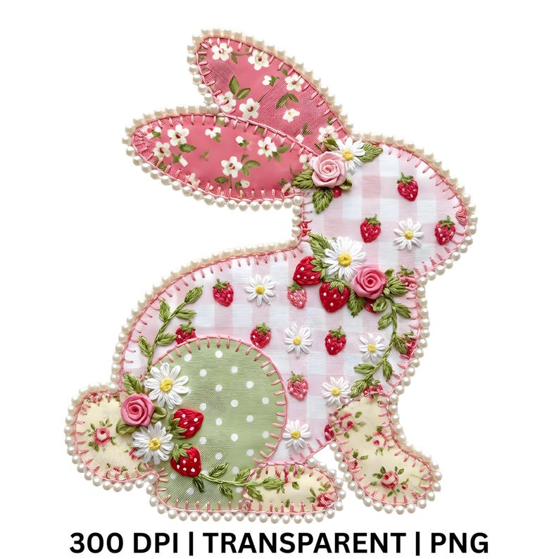 May include: A decorative bunny-shaped applique with a patchwork design. The bunny features pink floral and gingham patterns, adorned with strawberries, daisies, and roses. The edges are trimmed with a pearl-like border. The text "300 DPI | TRANSPARENT | PNG" is at the bottom.