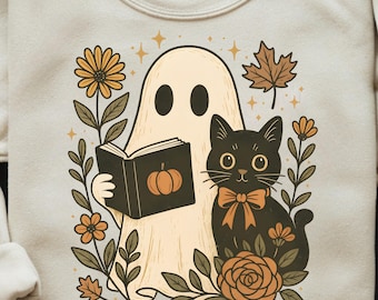 Schattige spook- en kat Halloween-png | Ontwerp herfstboekenliefhebber | Koffie en lezen | Griezelig seizoen