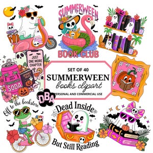 Puede incluir: Un conjunto de 40 ilustraciones de clipart con temática de Summerween. La imagen incluye un fantasma en un scooter, un esqueleto en un flamenco y una rana en bicicleta. El texto incluye "Summerween Book Club".