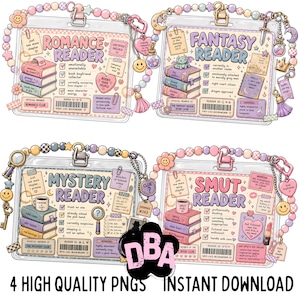 May include: Four digital PNG files featuring reader-themed badges for Romance, Fantasy, Mystery, and Smut genres. Each badge is in a clear plastic holder with decorative beads, charms, and text. The badges include text such as "Romance Reader" and "Fantasy Reader".
