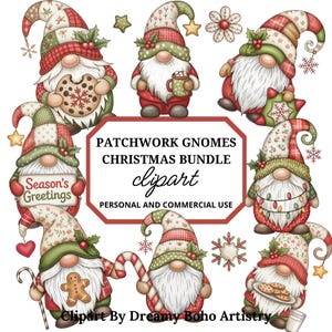 Könnte beinhalten: Eine Sammlung skurriler Patchwork-Zwerge in Rot, Grün und Weiß, die Kekse, Tassen und Schilder halten. Das Bild enthält den Text "PATCHWORK GNOMES CHRISTMAS BUNDLE clipart" und "Season's Greetings".