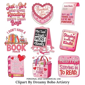 Op de afbeelding: Een verzameling roze en rode illustraties met tekst over lezen en boeken. Bevat een hartvormige taart, een boodschappenlijst, een Kindle, een draagtas en een bord met de tekst "Hello I Am Staying In To Read."