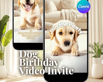 Szablon animowanego filmu z zaproszeniem na urodziny psa, zaproszenie na przyjęcie dla szczeniaka golden retrievera, pobieranie cyfrowe