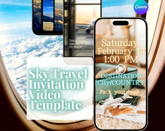 Szablon wideo z zaproszeniem na podróż w niebie | Edytowalny Canva | Wideo z ogłoszeniem o podróży | Zaproszenie-niespodzianka