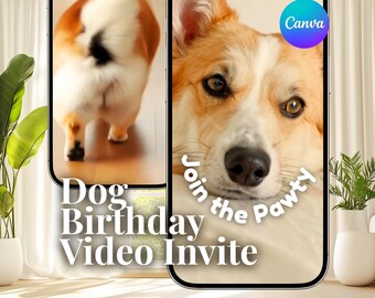 Szablon animowanego filmu z zaproszeniem na urodziny psa, zaproszenie na przyjęcie dla szczeniaka corgi (do pobrania cyfrowego)