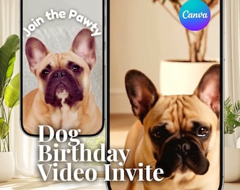 Szablon wideo zaproszenia na urodziny psa, edytowalne zaproszenie na przyjęcie dla szczeniaka Canva, buldog francuski