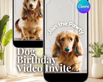 Szablon animowanego filmu z zaproszeniem na urodziny psa, zaproszenie na przyjęcie dla szczeniaka jamnika (do pobrania cyfrowego)