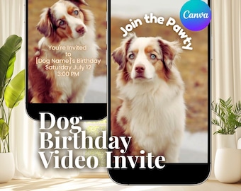 Animowany szablon zaproszenia na urodziny psa, zaproszenie na przyjęcie dla szczeniaka owczarka australijskiego (do pobrania cyfrowego)