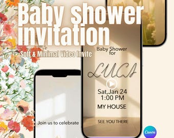 Szablon zaproszenia wideo na baby shower | Minimalistyczne, nowoczesne zaproszenie | Edytowalne zaproszenie Canva | Natychmiastowe pobranie