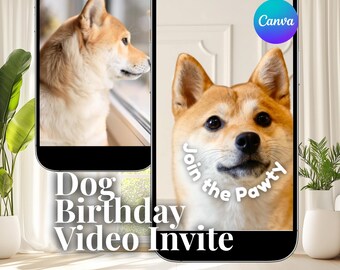 Zaproszenie na urodziny psa Shiba Inu w formie filmu, szablon zaproszenia na przyjęcie dla szczeniaka na Canva