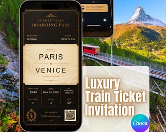 Luxury Train Ticket Invitation Video, Elegant Travel Party Reveal (Canva Template)
