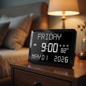 Puede incluir: Reloj despertador digital negro que muestra "VIERNES AM 9:00" y la fecha "01 MAYO 2026" con una temperatura de 28°C. El reloj está sobre una mesita de noche de madera junto a una cama con almohadas y una lámpara.