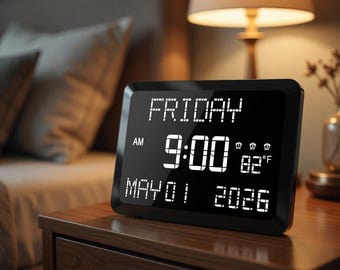 11.5 Inch Digital Calendar Clock, Large LED Display, Indoor Temperature, Adjustable Brightness, Home Office