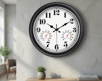 13-Inch Vintage Wall Clock with Thermometer & Hygrometer – Waterproof Indoor/Outdoor Black Silver