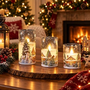 Flameless Candles Set of 3 with Remote and Timer, Snowman Village Glass LED Candles, Battery Operated Christmas Decor Gift