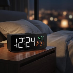 Pode incluir: Um despertador digital preto exibindo a hora 12:24 PM, com a data e a temperatura. O relógio está em uma mesa de cabeceira de madeira ao lado de uma cama com um edredom macio. A temperatura é de 8.3 graus Celsius.