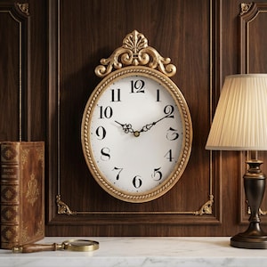 Puede incluir: Un reloj de pared ovalado con marco dorado y números negros sobre fondo blanco. Montado en un panel de madera oscura. Una lámpara y libros complementan la escena, evocando un estilo clásico.