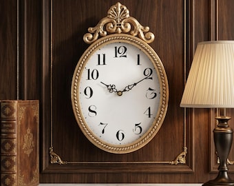 Antique Gold French Oval Wall Clock – Silent Retro Boho Decor (10.4" H x 6.7" W)
