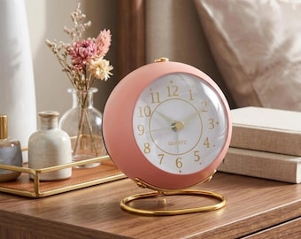 Retro Analog Alarm Clock, Silent Non-Ticking, Night Light, Battery Powered, Gold Steel Ring