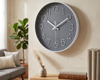12 Inch Silent Wall Clock, Modern Minimalist Design, Easy-Read Numbers, Battery Operated (Gray Dial)