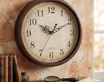 Vintage Brown Wall Clock: 12-Inch Silent Non-Ticking Quartz Decorative Home Kitchen Office