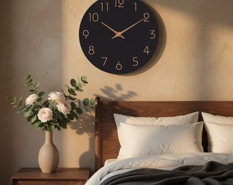 Large Black Wall Clock, Rose Gold Numbers, Silent Non-Ticking, Minimalist Home Office Decor