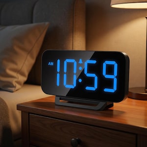 May include: A black digital alarm clock displaying "10:59 AM" in bright blue numerals. The clock sits on a wooden nightstand, with a bed and lamp visible in the background. The clock has a sleek, modern design.