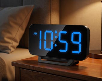 Sveglia digitale compatta per camera da letto, con suono forte per chi ha il sonno pesante, luminosità regolabile e batteria di riserva, design sottile per soggiorno (nero e blu)