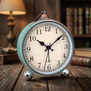May include: A vintage-style quartz alarm clock with a light blue metal casing and a cream-colored face. The clock features black hands, numerals, and a leather handle. It rests on two silver ball feet.
