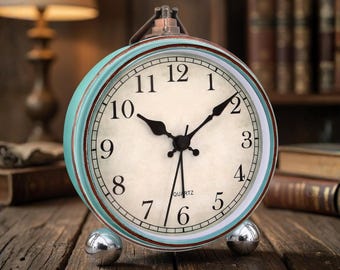 Retro Aqua Alarm Clock – Silent, Battery Operated, Round Bedside Table Decor