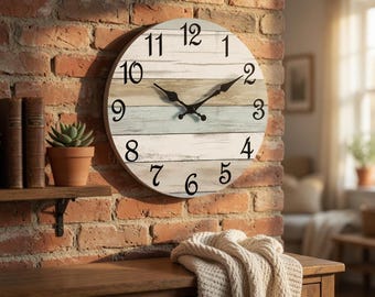 Silent Rustic Coastal Wooden Wall Clock, 8-Inch Decorative Timepiece